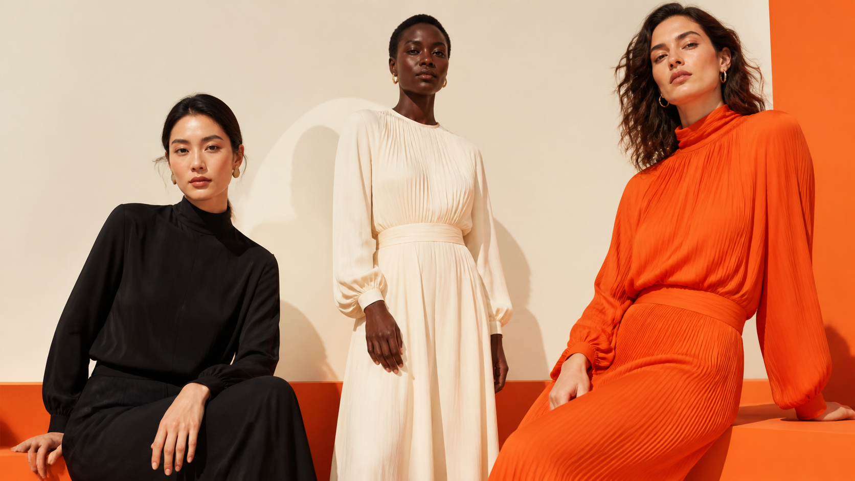 Three adult fashion models in an editorial studio portrait